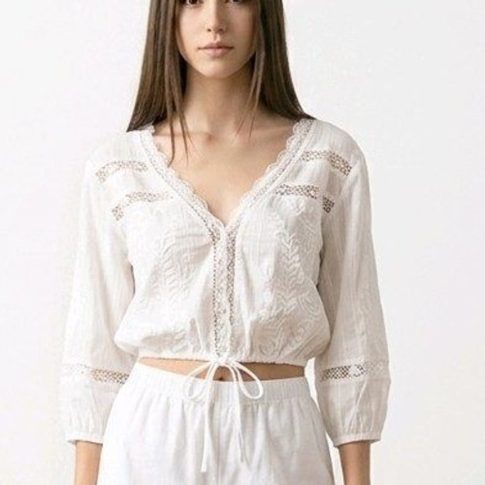 Free People White Lace Trim Peasant Blouse